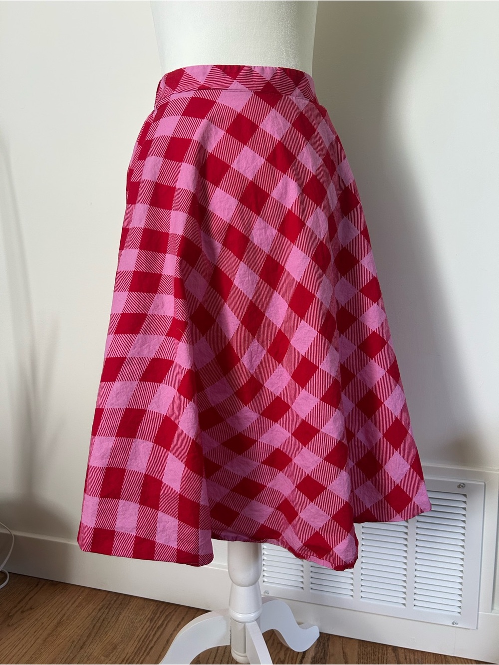 Scoop NYC XS Pink Red Gingham High Waist A Line Midi Skirt Elastic Back
